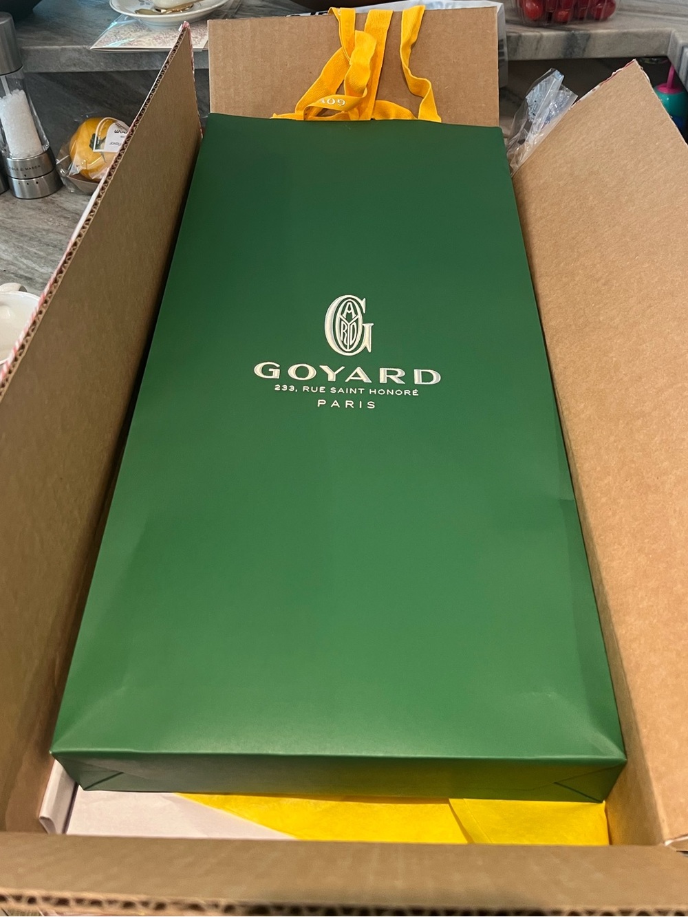 Goyard Dark Green Shopping Bag with Yellow Handles